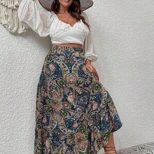 Paisley Print Ruffle Hem Maxi Skirt - Plus Size